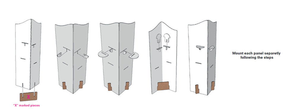 Die-cut cardboard screen pieces for booth