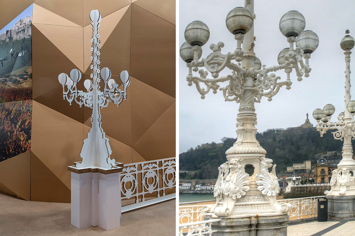 Rampes et lampadaires de Saint-Sébastien en carton pour le stand d'Euskadi