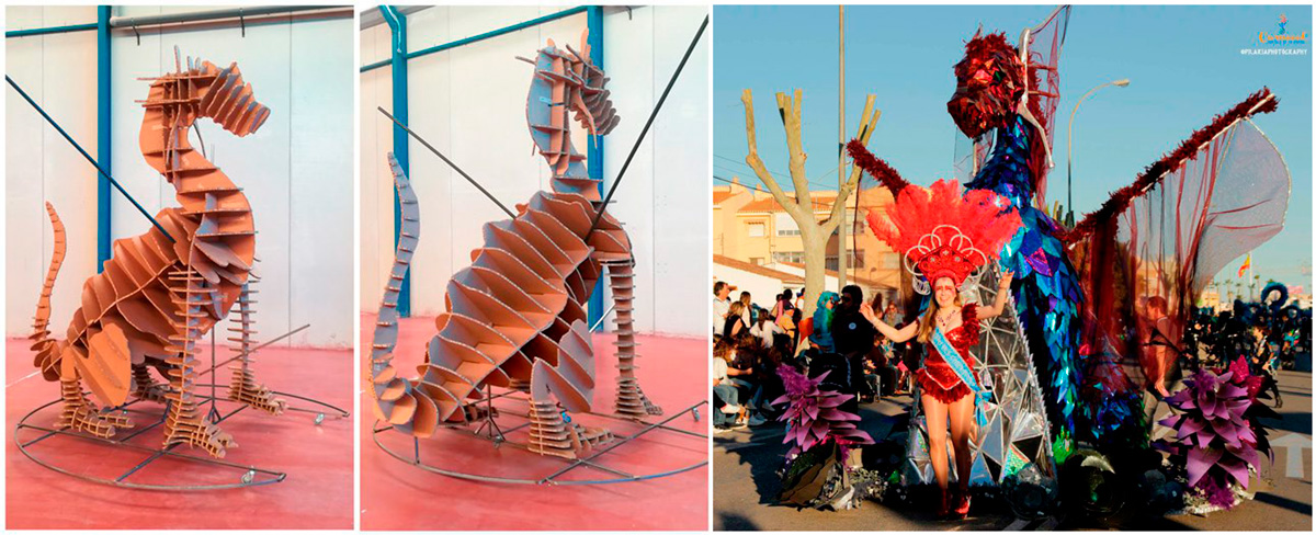 Dragón gigante de cartón en desfile carnaval