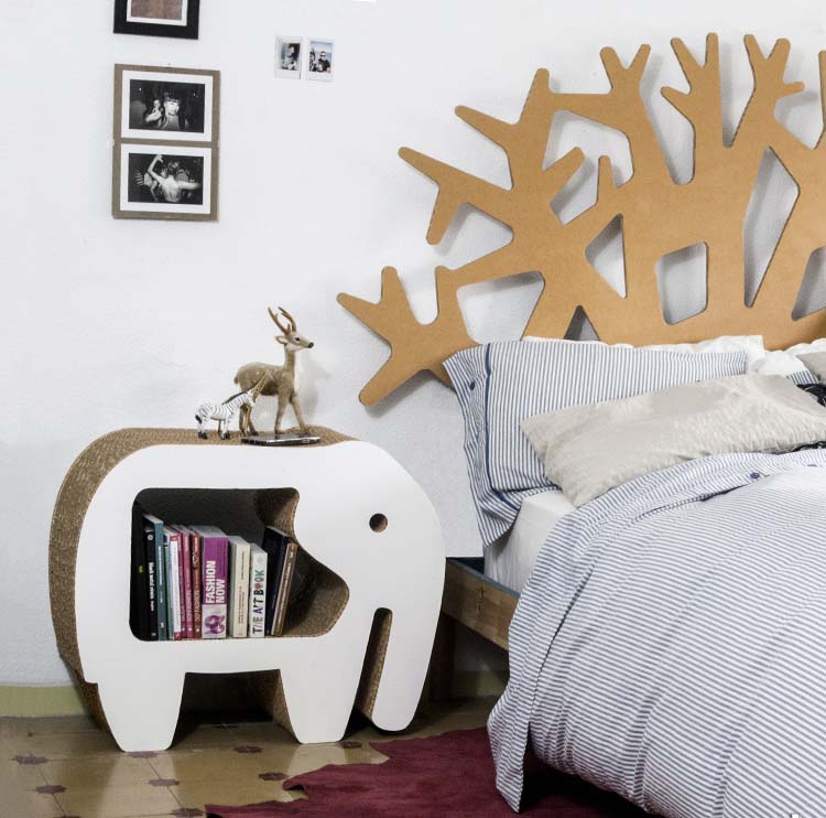 mesita noche elefante cartón dormitorio cabecero arbol