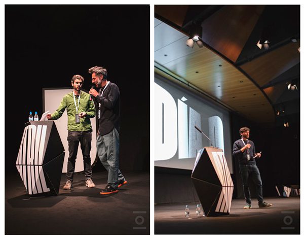 Montaje de dos fotos de atril sobre escenario