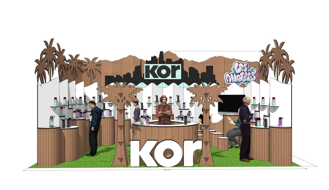 Render del stand de Kor Water en USA. 