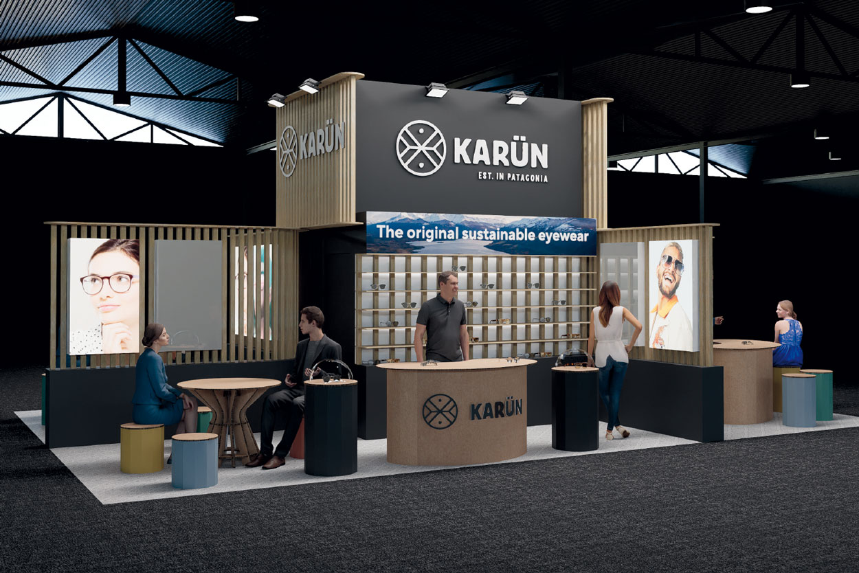 Render de stand sostenible para ferias en USA. Karun.