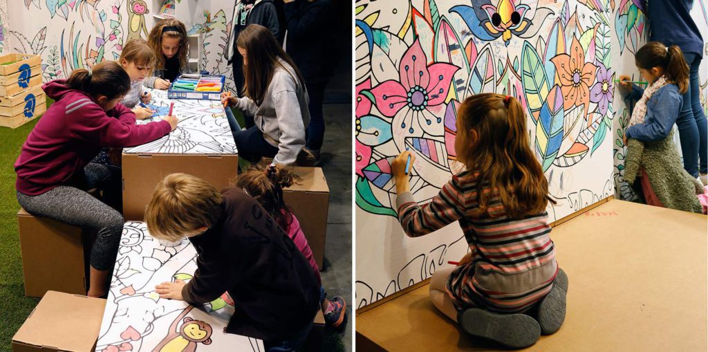 stand Handmade Festival Staedtler interactivo ilustrado coloreado por el público decoracion feria diy makers evento taller manualidades pintura pintar colorear colores diseñado por Cartonlab.