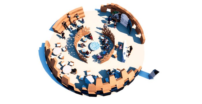 Vista cenital del stand grande del diseño de congresos y eventos