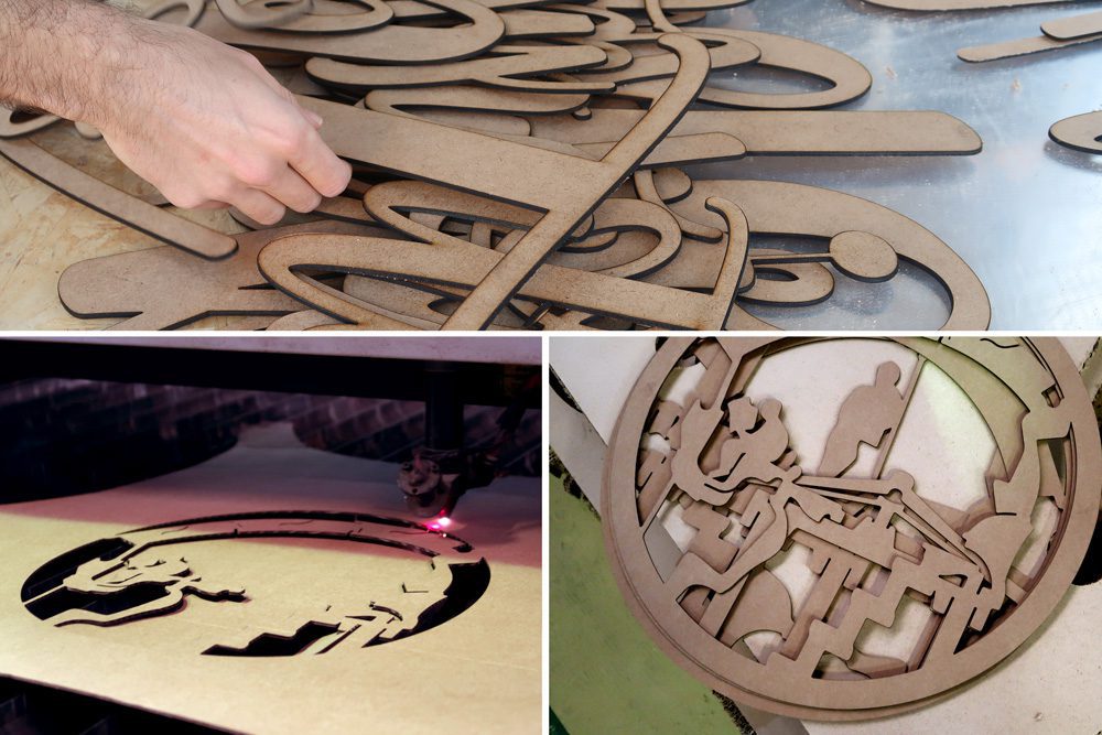 DM cortado a laser para exposición Roma