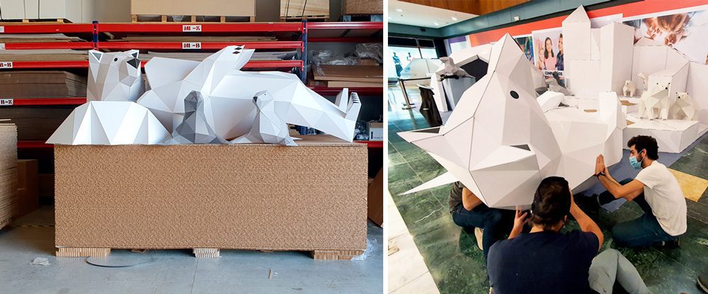 Producción y montaje de oso low poly para decoración navideña. 