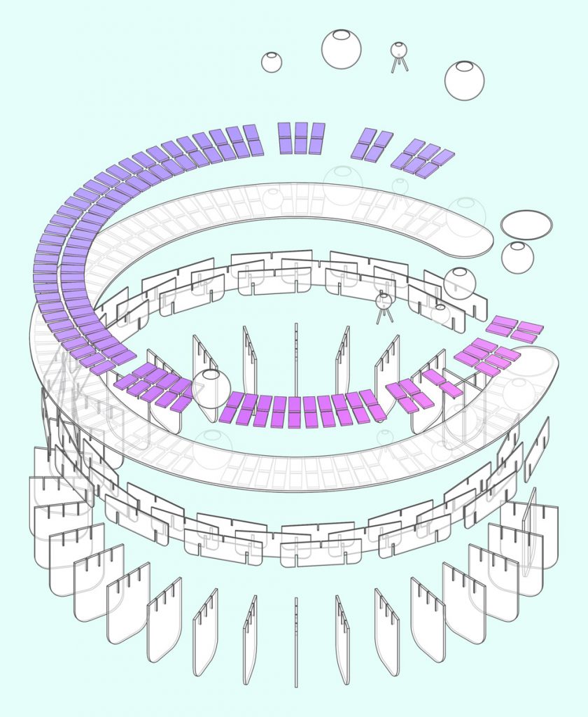 Plano axonométrico de peanas para exposición
