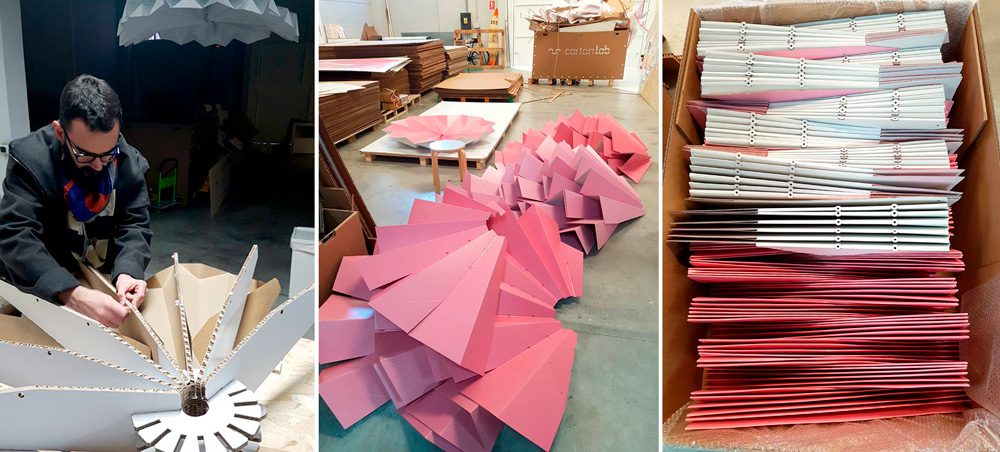 Lámparas de techo en cartón. Producción. 