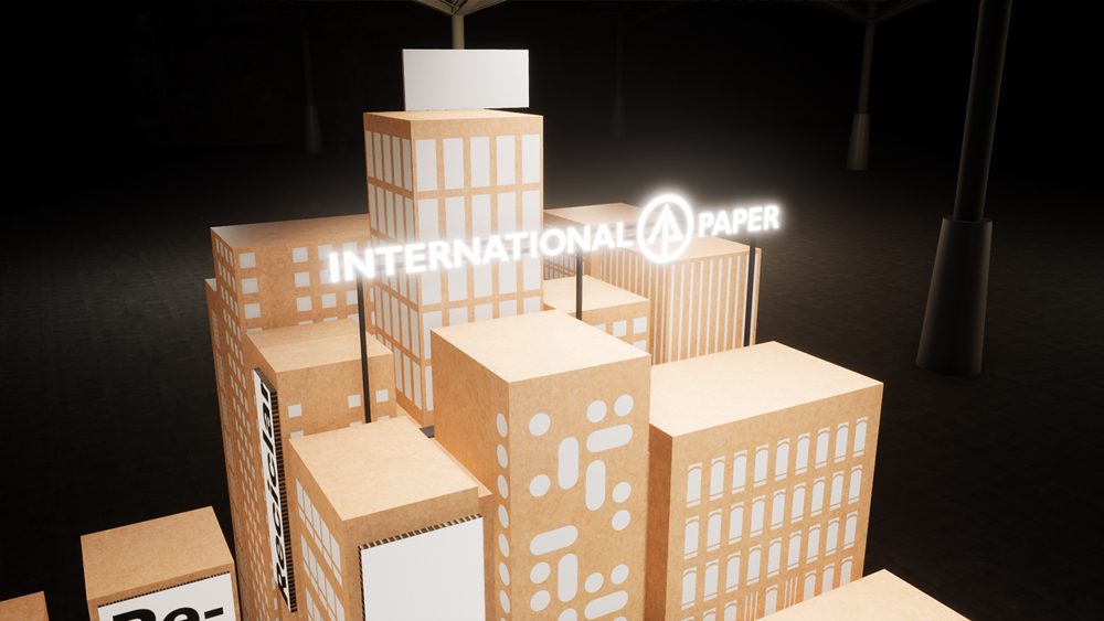 Detalle 3D de diseño de stand-ciudad para International Paper. 