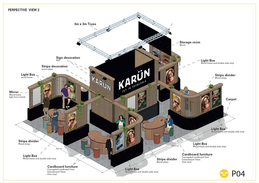 Render 3d de stand para ópticas Karün