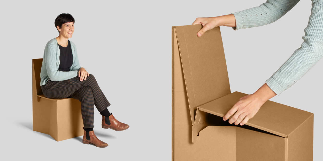 Silla plegable en cartón Mimosa. Acabado kraft. Detalle de montaje.