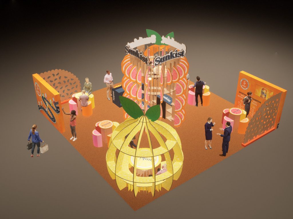 Render de stand sostenible para ferias en USA. Sunkist